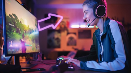 Woman playing video games, identification with a character