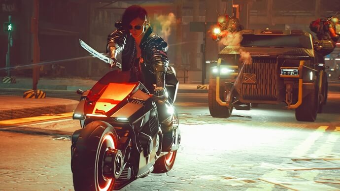 Cyberpunk 2077 scene with a rebellious character on a futuristic motorcycle pursued by armed vehicles, symbolizing defiance and personal freedom.