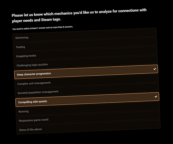 Screenshot of a developer survey – selecting game mechanics for analysis based on player needs and Steam tags. Selected options: deep character progression, compelling side quests.