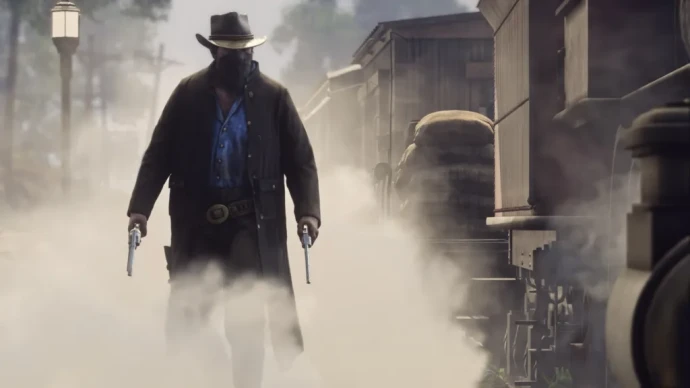 Arthur Morgan walking through smoke in Red Dead Redemption 2